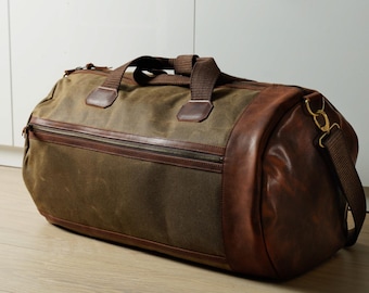 Waxed Canvas Leather Duffel Bag: Handmade Weekender Travel Gym Bag