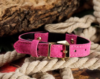 Fuchsia Suede Leather Cat Collar: Breakaway Safety Clasp