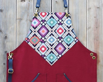Handmade Barber Apron: Embroidered Canvas with Leather Crossback Straps