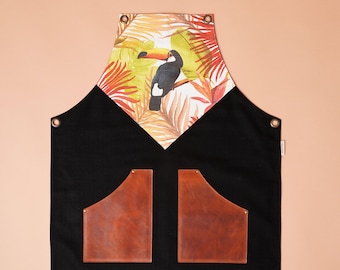 Toucan Print Canvas Apron with Leather Pockets - Handmade