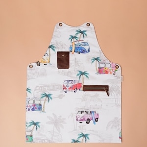 VW Van Bartender Apron | Retro Palm Tree Apron with Leather Chest Pocket & Zipped Pocket | Crossback Straps | Personalized Chef Apron