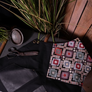 Handmade Geometric Pattern Apron with Leather Straps, Stylish Black Canvas Apron, Adjustable Unisex Cooking Apron, Gift for Chefs