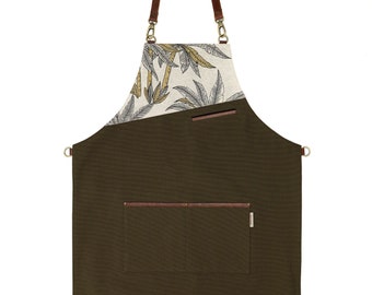 Olive Green Canvas Apron: Leather Straps, Adjustable Crossback