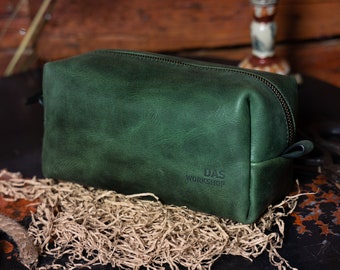 Personalized  Leather Toiletry Bag, Groomsman Gift,  Green Distressed Leather Dopp Kit, Shaving Bag, Travel Toiletry Case, Anniversary Gift
