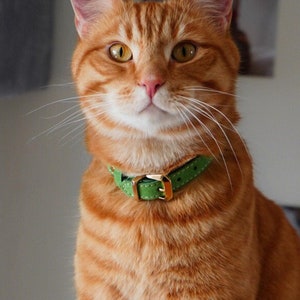 Cat Collar Leather, Breakaway Cat Collar, Leather Cat Collar, Personalized Collar, Green Cat Collar, Handmade Jewelry Easter Gift image 2