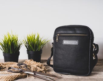 Midnight Black Waxed Canvas Crossbody Bag, Leather Messenger Bag, Handmade Everyday Carry Shoulder Bag