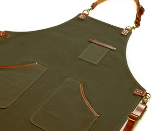 Personalized Green Canvas Apron: Custom Cooking, Gardening, Hairstylist