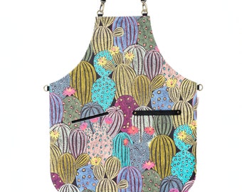 Cactus Print Velvet Apron: Leather Straps, Adjustable Crossback