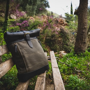 Hiking Backpack, Leather Backpack ,Black and Green Unisex Backpack, Black leather Graphite Green Waxed Canvas Backpack