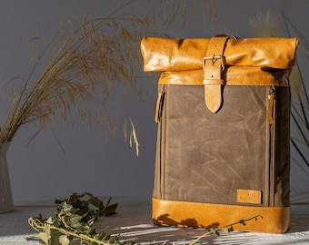 Leather Roll Top Backpack: Waxed Canvas Rucksack