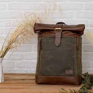 Leather Backpack For Women, Roll Top Backpack For Men, Waxed Canvas Roll Top Bag, Brown Leather Rucksack, Easter Handmade Gift