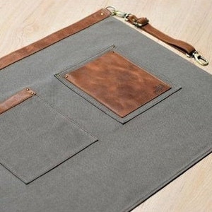 Half Apron With Leather Pockets, Barista Apron For Men, Women Half Apron, Adjustable Leather Strap, Valentine&#39;s Gift Apron