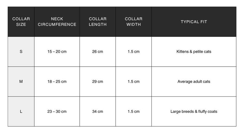 May include: A black and white sizing chart for cat collars with columns for collar size, neck circumference, collar length, collar width, and typical fit. The table lists sizes S, M, and L with specific measurements in centimeters for each category.