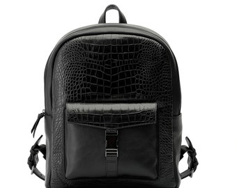 Black Croco Leather Backpack: Handmade Laptop Bag