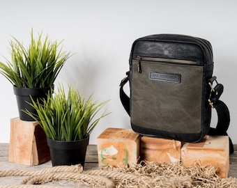 Onyx Olive Waxed Canvas Crossbody Bag, Leather Messenger Bag, Handmade Everyday Carry Shoulder Bag