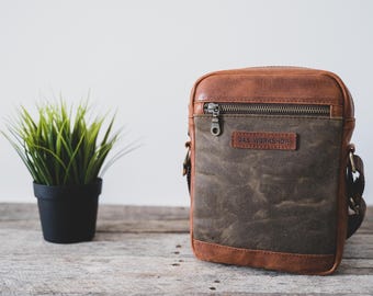 Brown Leather Waxed Canvas Crossbody Bag, Men's Handmade Messenger Utility Bag