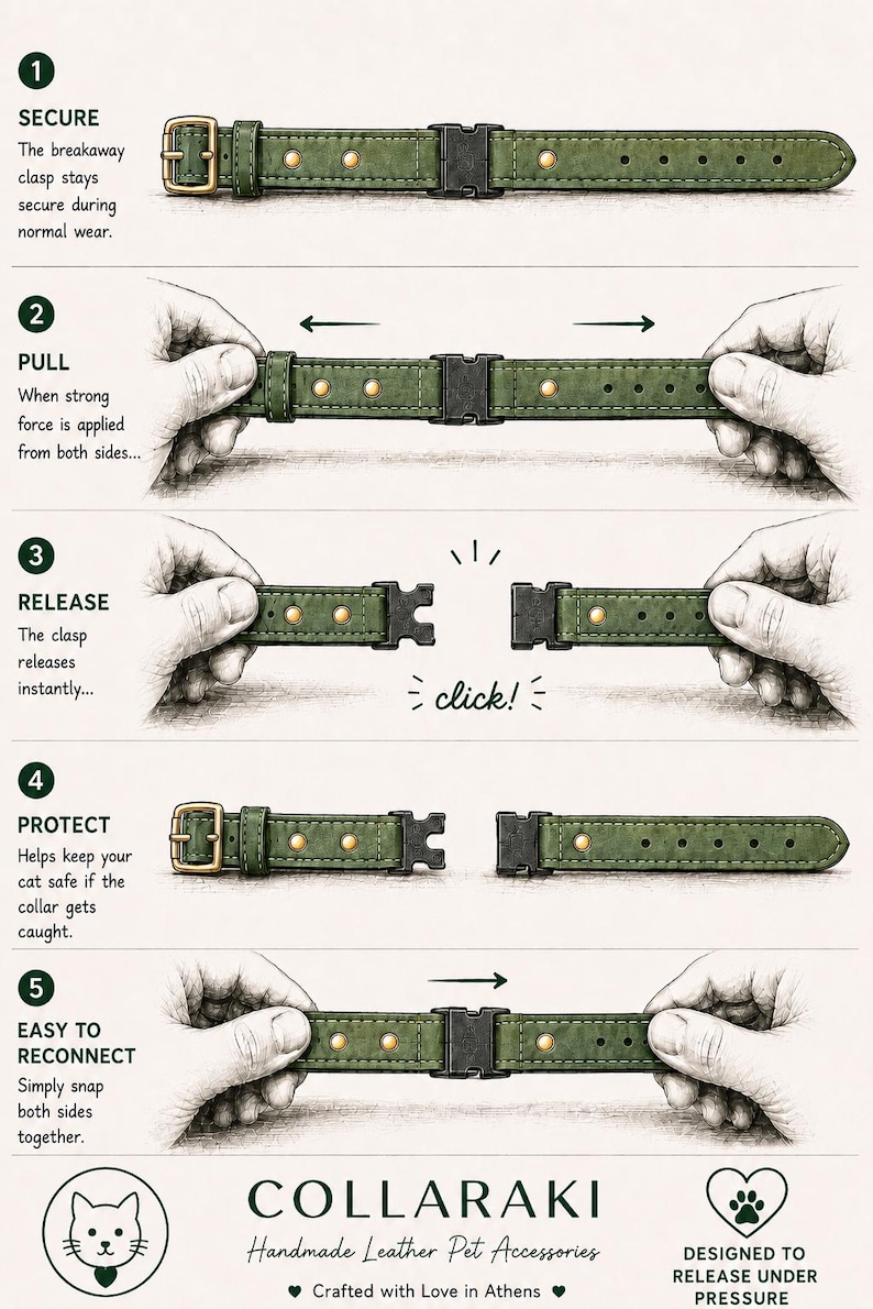 May include: A green leather pet collar with a black plastic breakaway clasp and brass buckle. The infographic illustrates five steps: SECURE, PULL, RELEASE, PROTECT, and EASY TO RECONNECT. Text includes COLLARAKI Handmade Leather Pet Accessories.