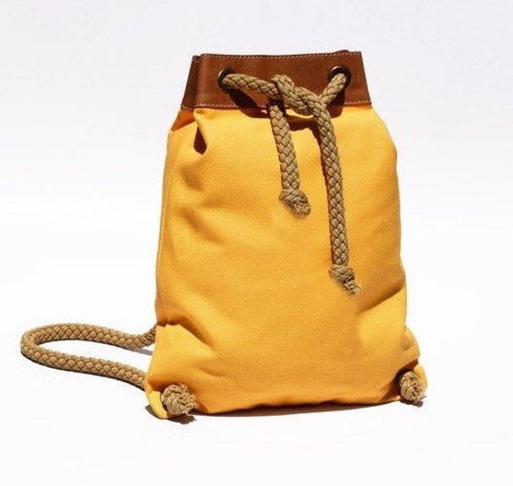 Canvas Drawstring Backpack with Brown Leather Trim Canvas Rucksack by Spekebua With Faux Leather Trim and Rope  main image 3