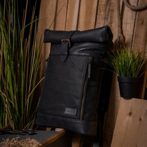 Handmade Black Leather & Waxed Canvas Roll-Top Bag | Durable Travel Backpack for Work, Adventure, Everyday Use Backpack