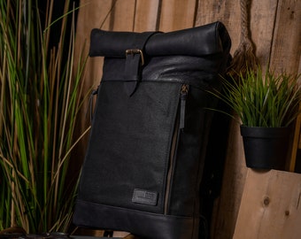 Handmade Black Leather Roll-Top Backpack: Waxed Canvas Travel Bag