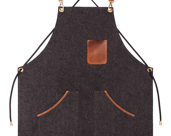 Denim Apron For Men, Women Apron With Leather Pockets, Restaurant Apron, Mothers Day Gift Cooking Apron