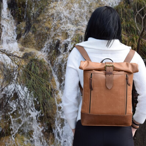 Mens leather clearance roll top backpack