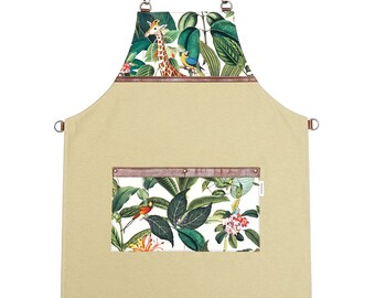 Handmade Jungle Safari Canvas Apron: Giraffe Print, Leather Straps