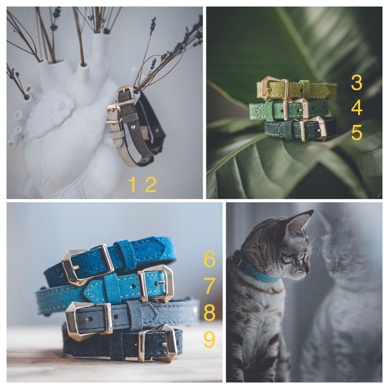 Cat Collar Leather, Breakaway Cat Collar, Leather Cat Collar, Personalized Collar, Green Cat Collar, Handmade Jewelry Easter Gift image 3