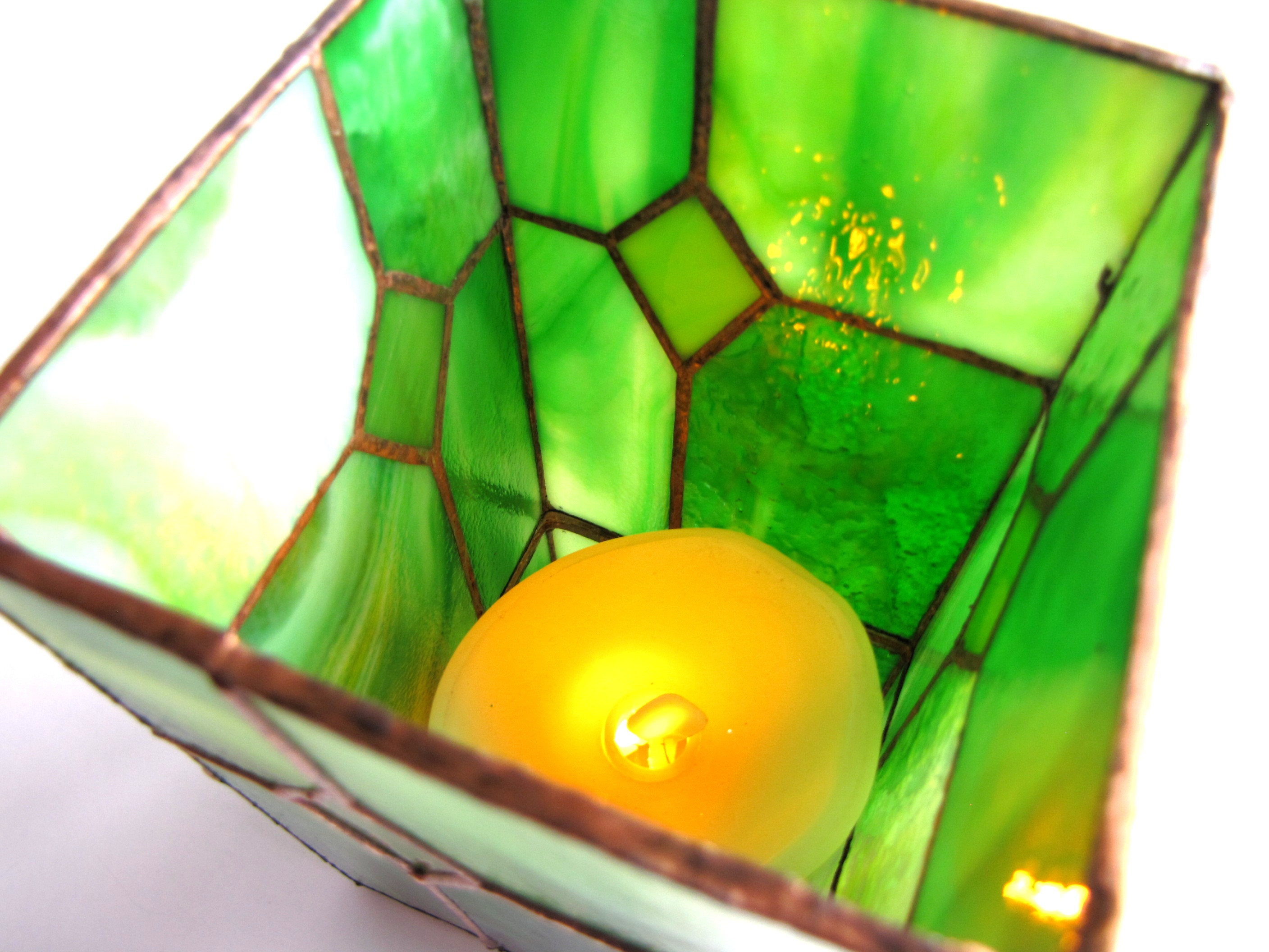 Handmade Stained Glass Candle Holder With Mirror Base Stunning Green