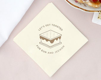 Custom Party Napkins - Let's Get Toasted S'more - Personalized Napkin, Foil Stamped Napkin, Wedding, Birthday, Baby Shower, Graduation Party