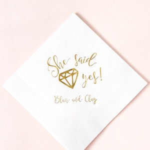 She Said Yes! Diamond Napkins - Personalized Monogram - Cocktail Foil Stamped Napkin, Bridal Shower, Engagement, Party Decor, Bachelorette