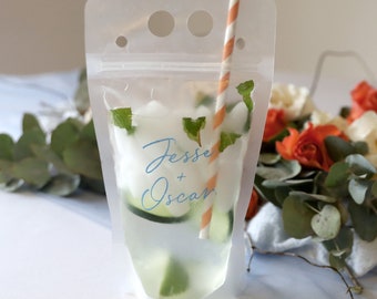 Custom Printed Script Names Drink Pouch - 16 0Z - Party Favors, Drink Container, Engagement, Wedding, Bridal Shower