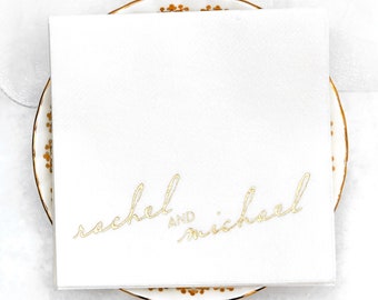 Personalized Names Cocktail Napkin - Vintage Modern Script Napkin- Foil Stamped, Linen Like Party Napkins, Wedding, Engagement, Anniversary
