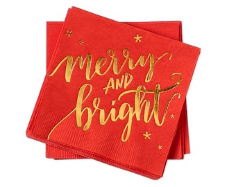Merry and Bright Holiday Napkins - Pack of 20 or 50 Cocktail Napkins - Foil Stamped Christmas and Holiday Party Napkins