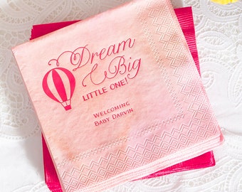 Custom Printed Baby Shower Napkins - Dream Big Little One - Personalized Foil Stamped Napkins, Hot Air Balloon Adventure Baby Shower