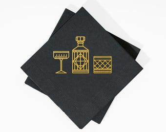 Art Deco Black Cocktail Napkins – Gold Foil Decanter Design Pack of 20