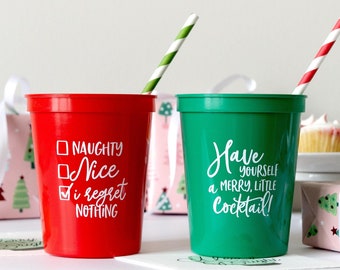 Christmas Holiday Cups - Naughty or Nice - Set of 12 - 16oz Stadium Cups, Have Yourself A Merry Little Cocktail