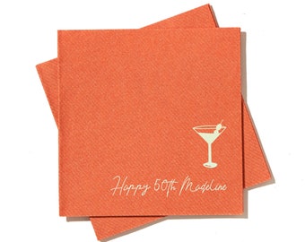 Personalized Martini Glass Script Birthday Napkin- Foil Stamped, Linen Like Party Napkins, Wedding, Engagement, Anniversary