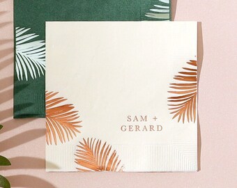 Personalized Party Napkins - Elegant Palm Leaf Names Napkin - Cocktail Napkin, Foil Stamped Napkin, Party Decoration, Bridal Shower, Wedding