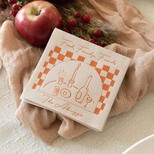 Food, Family, Friends Checkered Napkin - Personalized Cocktail Napkin - Foil Stamped, Linen Like Party Napkins, Dinner Party, Thanksgiving