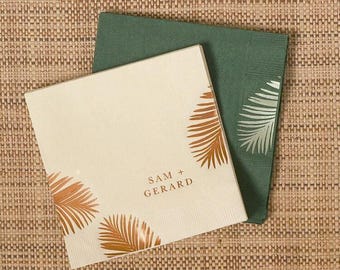 Personalized Napkins, Palm Leaf Cocktail, Tropical Wedding Favor | Foil Stamped, 3-Ply Paper, 4.75" X 4.75" Or 5" X 5