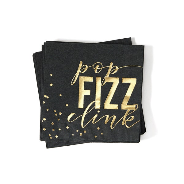 Pop Fizz Clink Foil Stamped Napkins - Party cocktail napkins- Pack of 20 - Birthday Party and Decor, New Years, Anniversary Cocktail Napkins