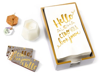 Hello Powder Room Set  Deluxe - Hand Guest Towels, Candle, Elegant Hand Towel Holder,  Foil Stamped Matches