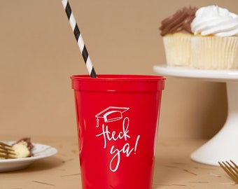 Graduation Party Cups - Heck Ya with Grad Cap -  Set of 12 - 16oz Stadium Cups, Red and White Graduation Party, Class of 2022, 2023, BBQ