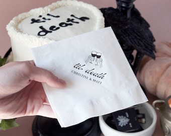 Cocktail Napkins, Gothic Til Death Toast Design, Personalized 3-Ply Paper, Skeleton Hands, 4.75 X 4.75 Or 5 In