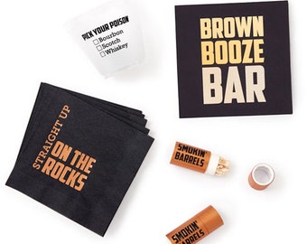 Brown Booze Bar Insta Party - Party Supplies for 8, Includes Napkins, Cups, Matches & Print, Birthday, Elevated Entertaining, Bachelor Party