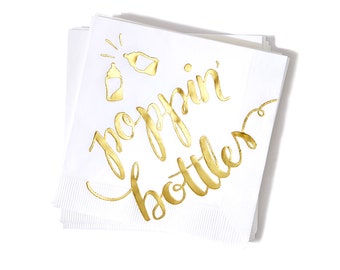 Poppin&#39; Bottles Party Napkins - Baby Shower Foil Cocktail Napkins - Pack of 20 or 50, White and Gold