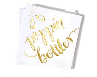 Poppin' Bottles Party Napkins - Baby Shower Foil Cocktail Napkins - Pack of 20 or 50, White and Gold