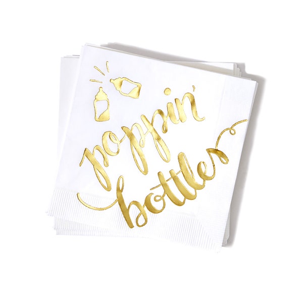 Poppin' Bottles Party Napkins - Baby Shower Foil Cocktail Napkins - Pack of 20 or 50, White and Gold