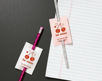Cherries In Love Be Mine Valentine - Personalized Sparkler Tags, Customized Party Favors, Valentine's Day, Engagement, Wedding, Bridal Party